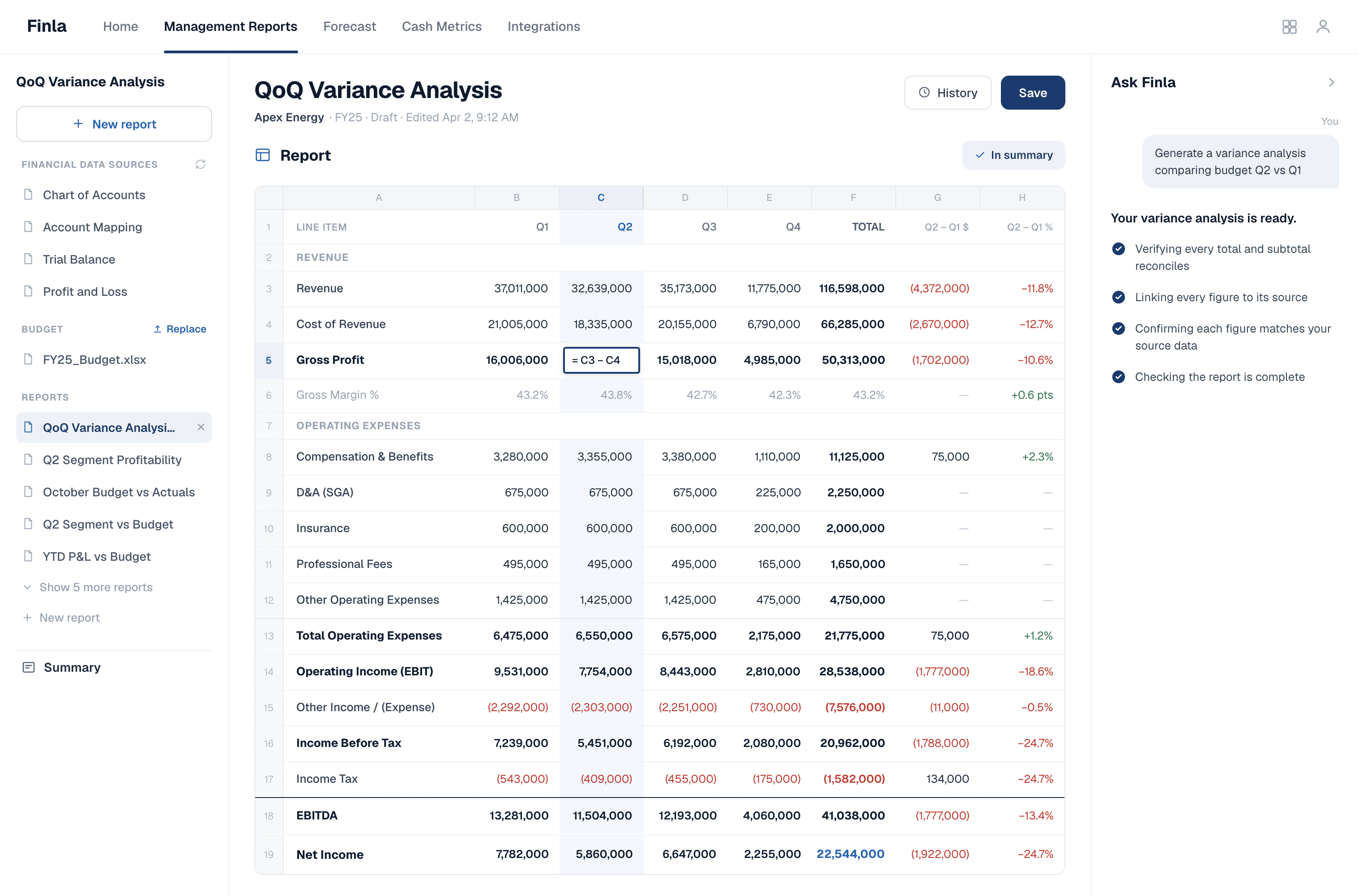 Finla QoQ variance report with statements, variance tables, and cited commentary
